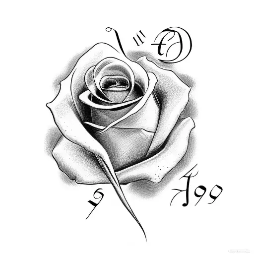 Joy written in cursive. The year 1944 written in romen numerals. All on a heart. With a Cross and a Rose tattoo design idea
