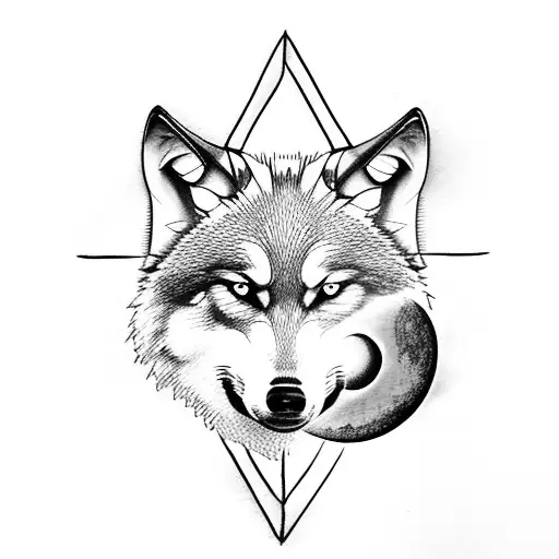 wolf with moon in a triangle tattoo design idea