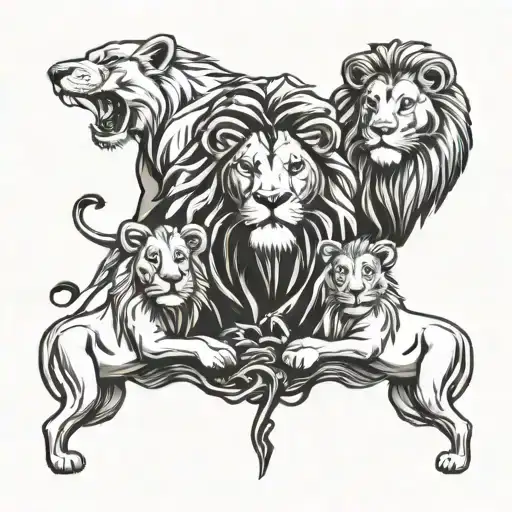 lion family of 4 , a lion , lioness and 2 cubs , tree  tattoo design idea
