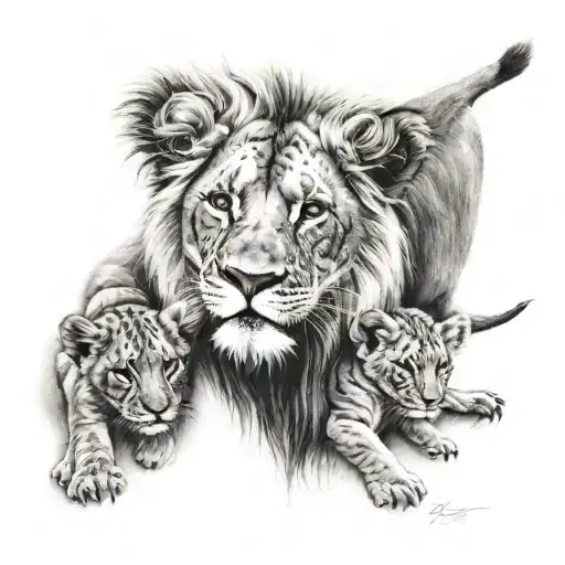 lion's family of 4 , a lion , a lioness and 2 cubs tattoo design idea
