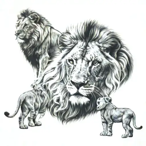 lion family of 4 , a lion , lioness and 2 cubs , the lion is standing infront of the lioness and the 2 cubs are sitting  tattoo design idea