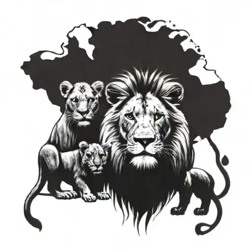 lion family of 4 , a lion , lioness and 2 cubs  tattoo design idea