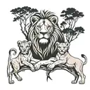 lion family of 4 , a lion , lioness and 2 cubs , tree  tattoo design idea