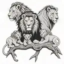 lion family of 4 , a lion , lioness and 2 cubs , tree  tattoo design idea