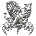 lion family of 4 , a lion , lioness and 2 cubs , tree  tattoo design idea