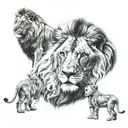 lion family of 4 , a lion , lioness and 2 cubs , the lion is standing infront of the lioness and the 2 cubs are sitting  tattoo design idea