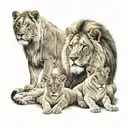 lion family of 4 , a lion , lioness and 2 cubs , the lion is standing infront of the lioness and the 2 cubs are sitting  tattoo design idea