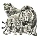 lion family of 4 , a lion , lioness and 2 cubs , the lion is standing infront of the lioness and the 2 cubs are sitting  tattoo design idea