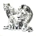 lion family of 4 , a lion , lioness and 2 cubs , the lion is standing infront of the lioness and the 2 cubs are sitting  tattoo design idea