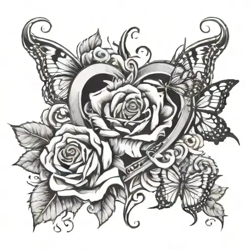 heart with face in the center with roses and butterflies  tattoo design idea