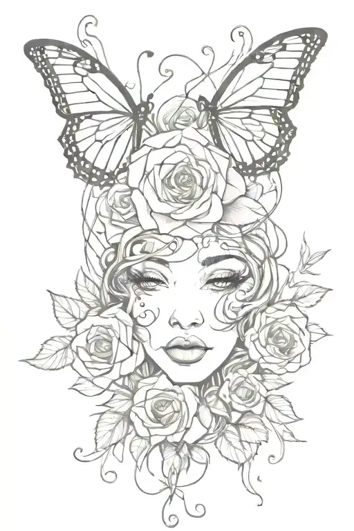 roses and a heart face with lashes with vines and butterflies  tattoo design idea