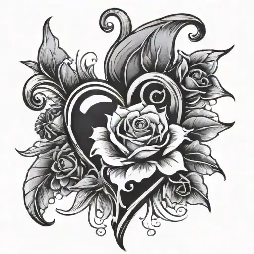 heart with face in the center surrounded with roses and lily flowers tattoo design idea