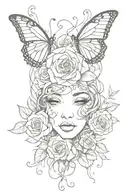 roses and a heart face with lashes with vines and butterflies  tattoo design idea