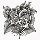 heart with face in the center surrounded with roses and lily flowers tattoo design idea