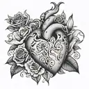 heart with face in the center surrounded with roses and lily flowers tattoo design idea
