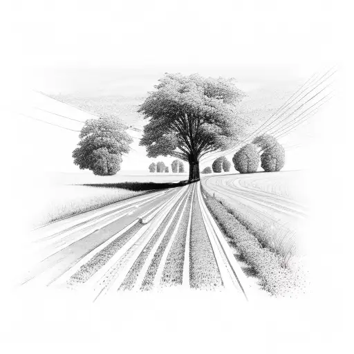 Scene of rural highway stretching out into farmlands with parallel wires  tattoo design idea