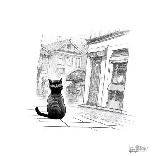 Black outline of back of cat, sitting in the rain in an alley with a covered stoop next to it. tattoo design idea