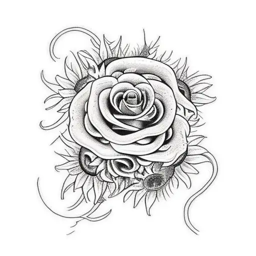 Medusa holding roses, sunflowers, and daisies tattoo design idea