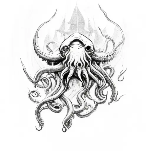 A terrifying scene of Cthulhu rising from the depths of the sea, surrounded by dark nautical elements tattoo design idea