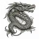 A tattoo design of a feathered serpent inspired by native American mythology, with intricate dotwork details and boxing gloves hanging from its tail tattoo design idea