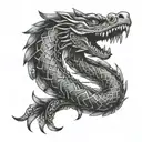 A tattoo design of a feathered serpent inspired by native American mythology, with intricate dotwork details and boxing gloves hanging from its tail tattoo design idea