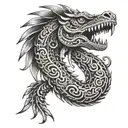 A tattoo design of a feathered serpent inspired by native American mythology, with intricate dotwork details and boxing gloves hanging from its tail tattoo design idea