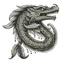 A tattoo design of a feathered serpent inspired by native American mythology, with intricate dotwork details and boxing gloves hanging from its tail tattoo design idea