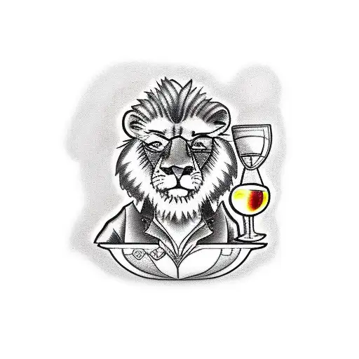 A lion dressed as a CEO, holding a glass of wine and a cup of coffee tattoo design idea