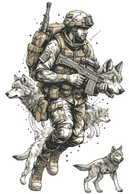 A dynamic scene of a soldier on a hunt in the wilderness, with a pack of wolves by his side tattoo design idea