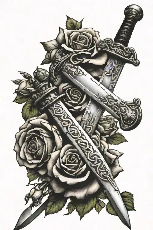 Scottish broad sword with roses tattoo design idea