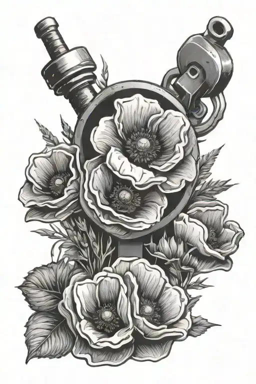 A striking composition of a field of poppies morphing into a barbell, symbolizing strength and remembrance tattoo design idea
