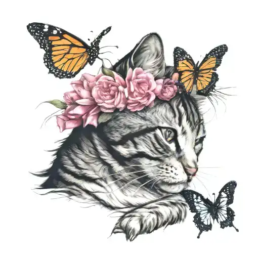 A semi realism bi colour cat tattoo with a pink carnation flower crown with a single monarch butterfly resting on it. tattoo design idea