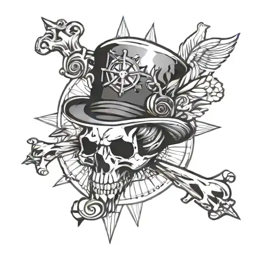 jack sparrows compass, mad hatters hat, buffalo skull  tattoo design idea