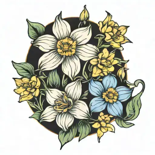 daffodil flower, cosmos flower, and morning glory flower tattoo design idea