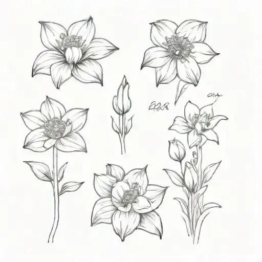 daffodil flower, cosmos flower, and morning glory flower tattoo design idea
