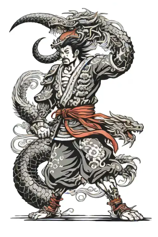 japan warrior with a dragon flying tattoo design idea