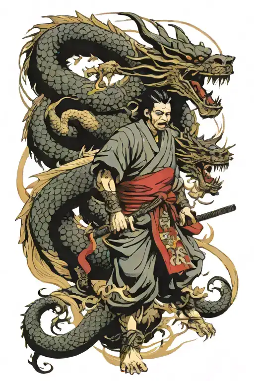 samurai and dragon surrounded tattoo design idea