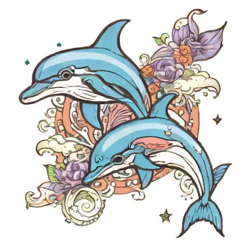 2 dolphins that are blue and purple swimming around the word mom with "11th July 1976 - 12th July 2024" underneath tattoo design idea
