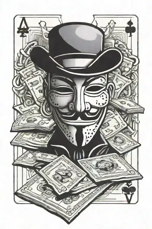 anonymous face mask poker cards and money tattoo design idea
