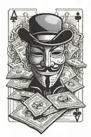 anonymous face mask poker cards and money tattoo design idea