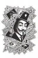 anonymous face mask poker cards and money tattoo design idea
