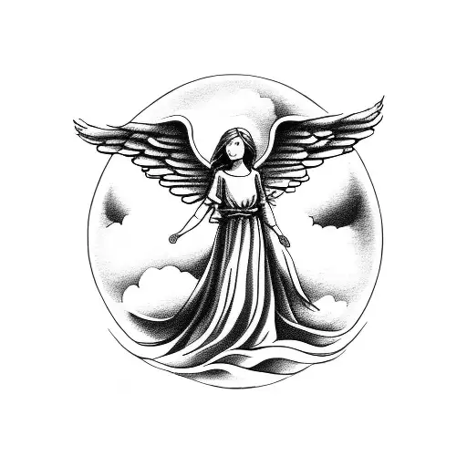 Angel in clouds inside of a circle made by dragon tattoo design idea
