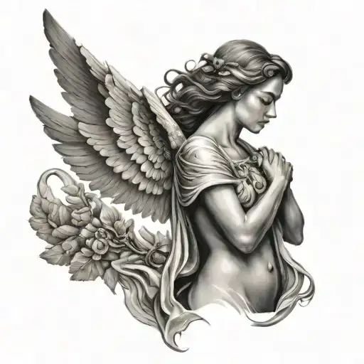 A portrait of a guardian angel with a background of a homeland landscape tattoo design idea