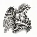 A portrait of a guardian angel with a background of a homeland landscape tattoo design idea