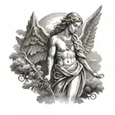 A portrait of a guardian angel with a background of a homeland landscape tattoo design idea