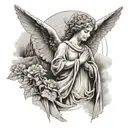 A portrait of a guardian angel with a background of a homeland landscape tattoo design idea