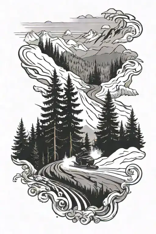 snowmobile trail winding through a forest moutain back ground tattoo design idea