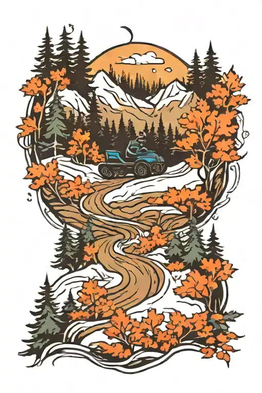 snowmobile trail winding through a forest tattoo design idea