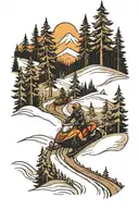 snowmobile trail winding through a forest moutain back ground tattoo design idea
