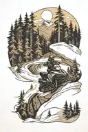 snowmobile trail winding through a forest moutain back ground tattoo design idea
